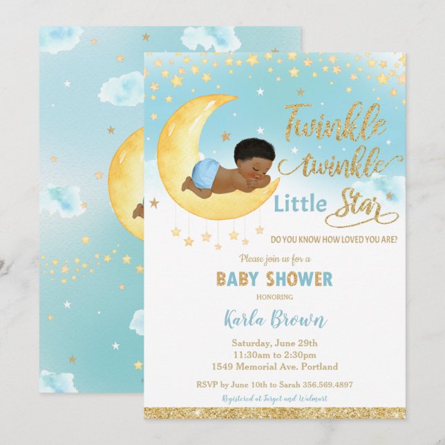 Invitación Moda Twinkle Little Star African Baby Shower Boy (Anverso / Reverso)