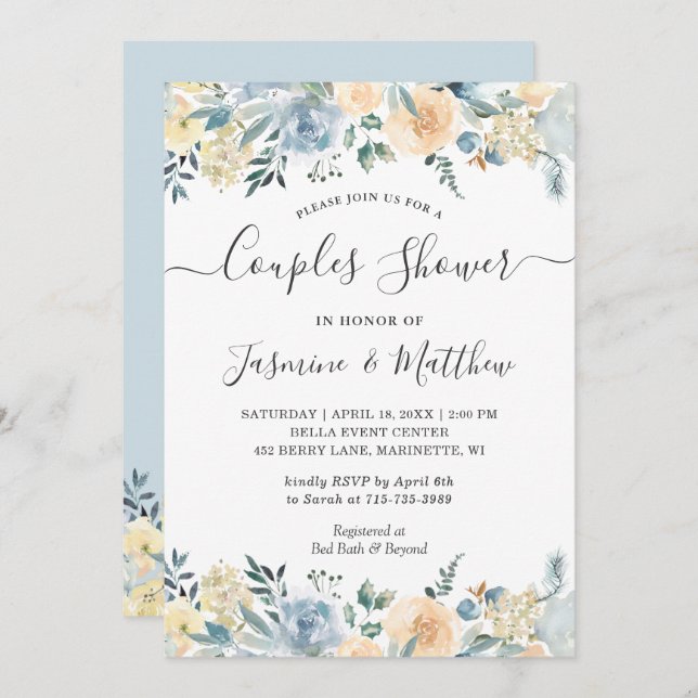 Invitación Moda Vainilla Azul Floral Boda Ducha Parejas (Anverso / Reverso)