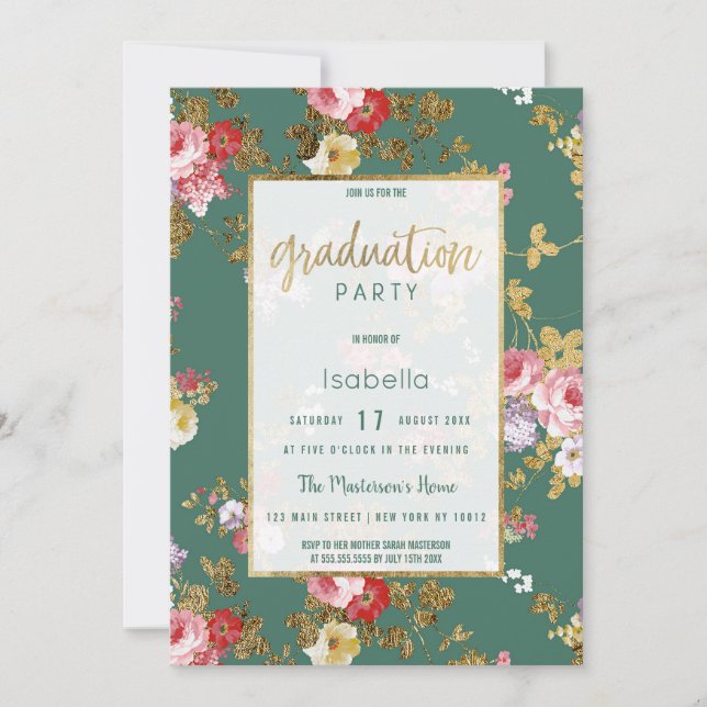Invitación Moda verano dorado verde rosa floral Graduación (Anverso)