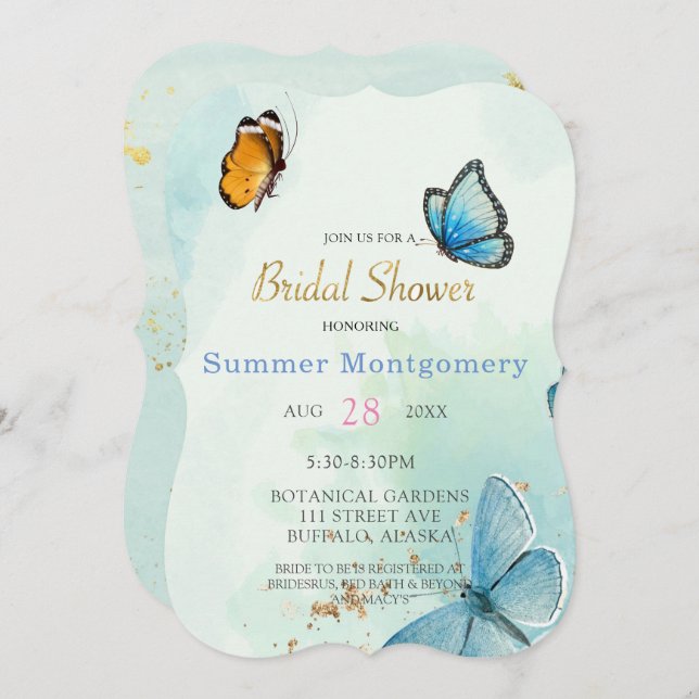 Invitación Moda Verde azulada Blue Watercolor Butterfly Brida (Anverso / Reverso)