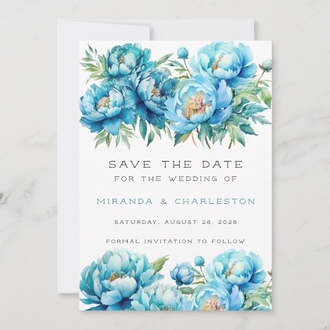Invitación Moda Verde azulada Flor De Peones Azules Guardar L (Anverso)