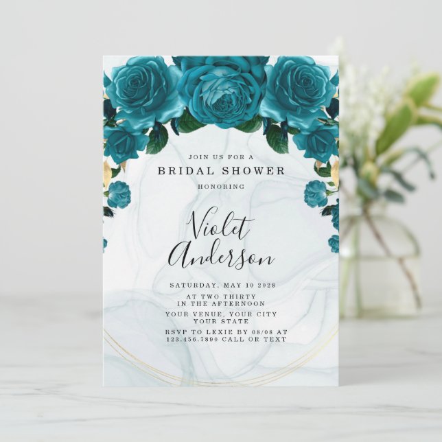 Invitación Moda Verde azulada y ducha de novias Peony Gold (Anverso de pie)