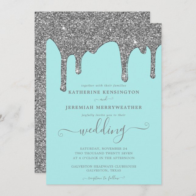 Invitación Moda Verde azulada y plateada Purpurina Dris Boda (Anverso / Reverso)
