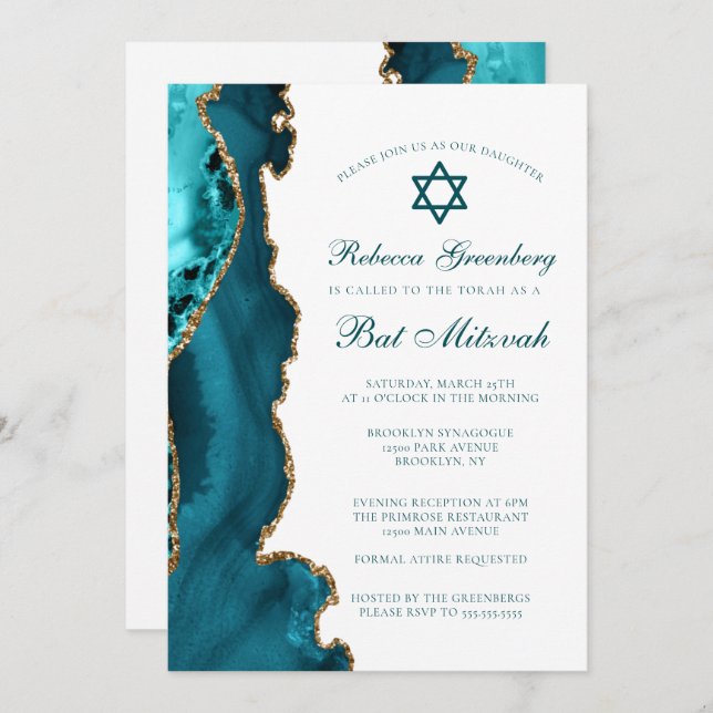 Invitación Moda Verde azulado Agate de Oro Bat Mitzvah Fiesta (Anverso / Reverso)