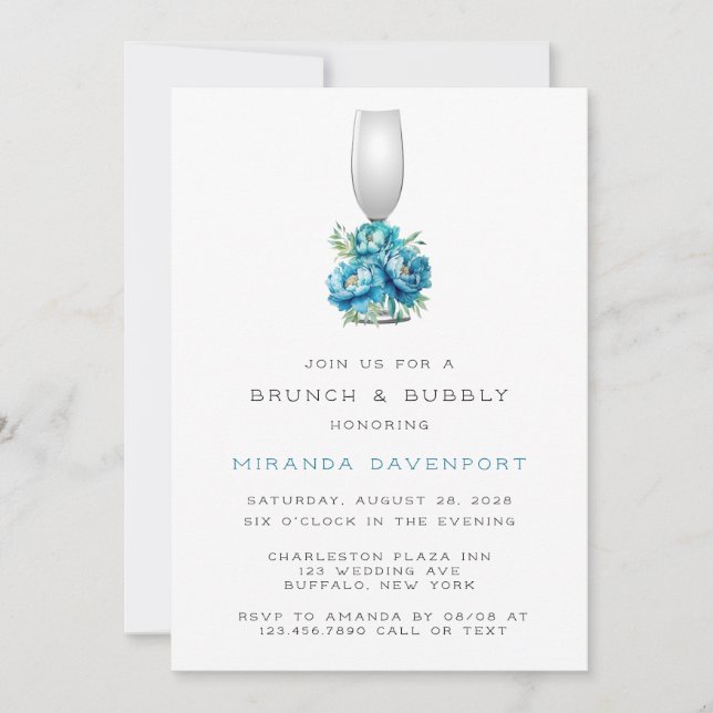 Invitación Moda Verde azulado Blue Peony Flower Brunch & Bubb (Anverso)