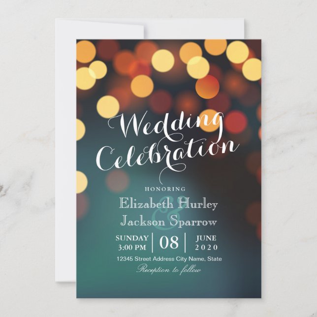 Invitación Moda Verde azulado Bokeh Purpurina String Lights B (Anverso)