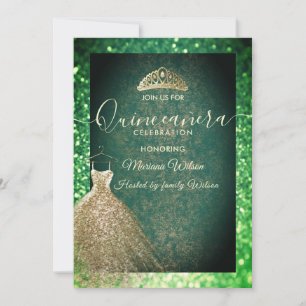 Invitación Moda Verde El oro secuela el vestido tiara Quincea