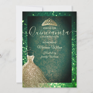 Invitación Moda Verde El oro secuela la ropa tiara Quinceañer