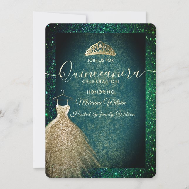 Invitación Moda Verde El oro secuela la ropa tiara Quinceañer (Anverso)
