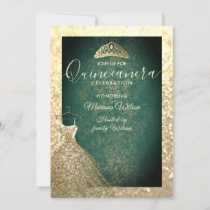 Invitación Moda Verde El oro secuela la ropa tiara Quinceañer