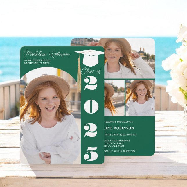 Invitación Moda verde forestal moderna 4 fotos Graduación (Modern forest green chic 4 photos Graduation Invitation)