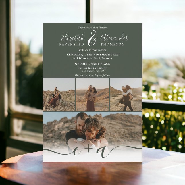 Invitación Moda verde forestal moderna 5 boda de guiones de f (Modern forest green chic 5 Photos script wedding Invitation)