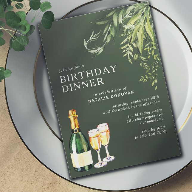 Invitación Moda verde forestal Moderna Champagne Cena de cump (Subido por el creador)