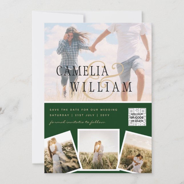Invitación Moda Verde Fotomía Invitar Código QR Guardar fecha (Anverso)