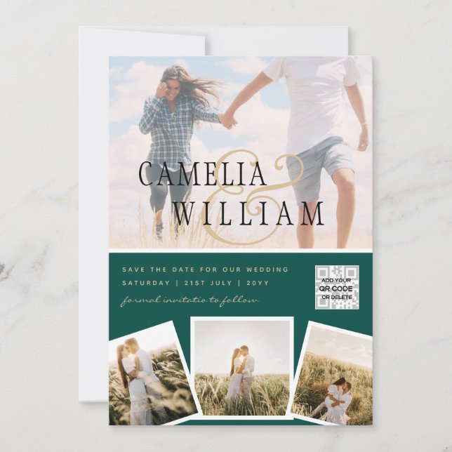 Invitación Moda Verde Fotomía Invitar Código QR Guardar fecha (Anverso)