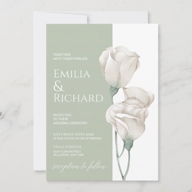 Invitación Moda verde pastel polvo boda floral blanco (Anverso)