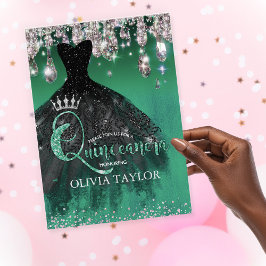 Invitación Moda verde purpurina de plata gotea Quinceanera