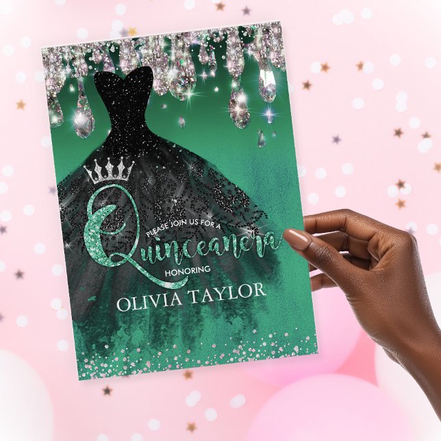 Invitación Moda verde purpurina de plata gotea Quinceanera (Subido por el creador)