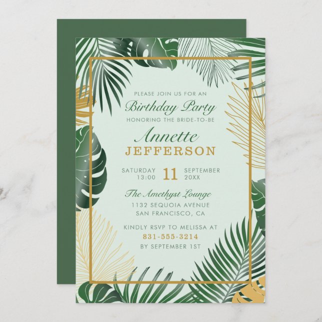 Invitación Moda verde tropical deja fiesta de cumpleaños a la (Anverso / Reverso)