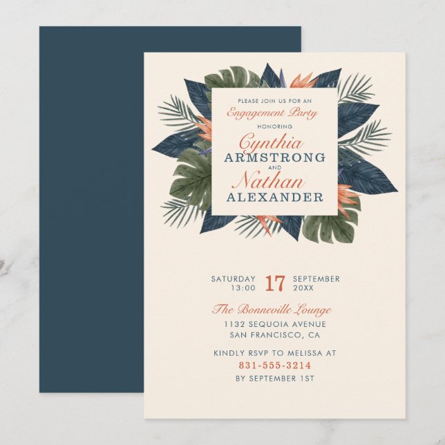 Invitación Moda Verde Tropical deja partido único de compromi (Anverso / Reverso)