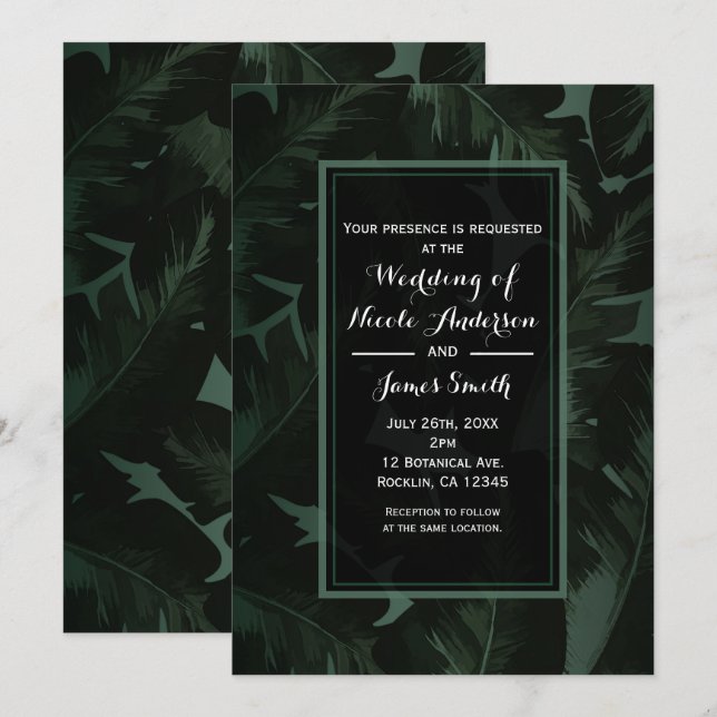 Invitación Moda verde y negra: Boda de hojas tropicales (Anverso / Reverso)