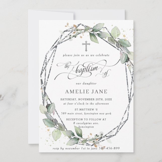 Invitación Moda Verdor Baptismo Botánico Plata Geométrica (Anverso)