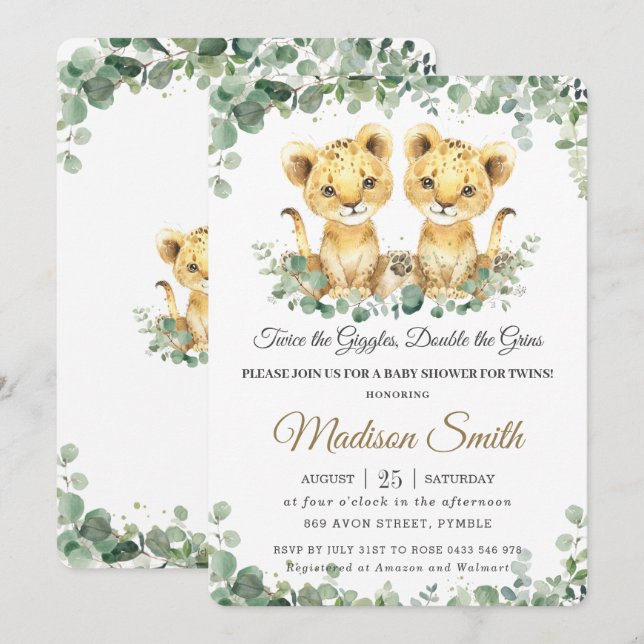 Invitación Moda Verdor Lion Cubs Twins Boys Baby Shower (Anverso / Reverso)