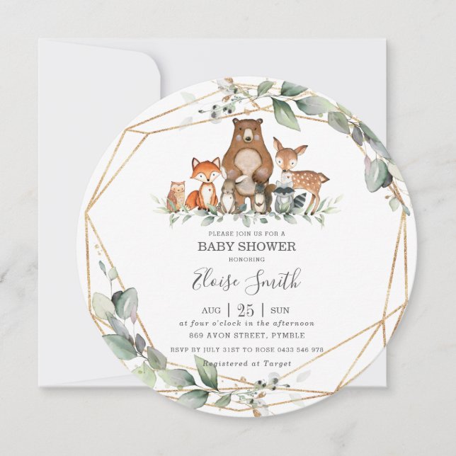 Invitación Moda Verdor Woodland Animales Baby Shower Neutral (Anverso)