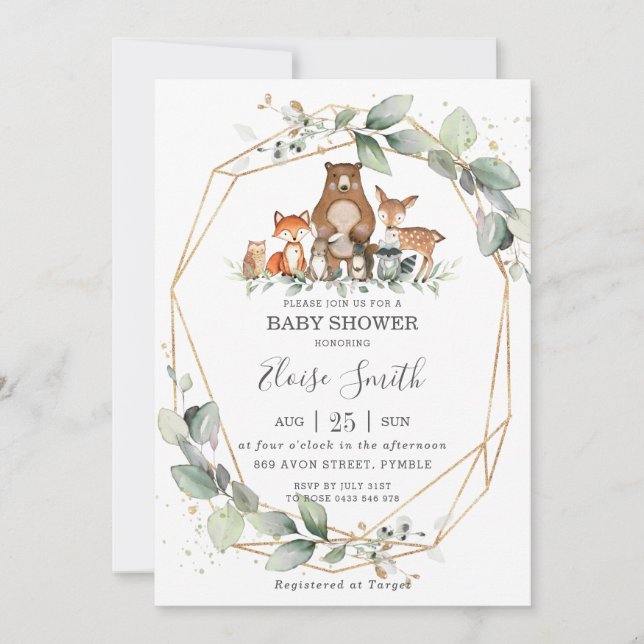 Invitación Moda Verdor Woodland Animales Baby Shower Neutral (Anverso)