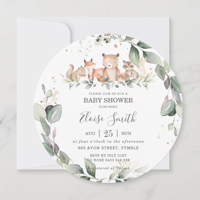 Invitación Moda Verdor Woodland Animales Baby Shower Neutral (Anverso)