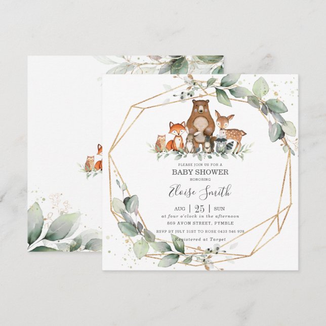 Invitación Moda Verdor Woodland Animales Baby Shower Neutral (Anverso / Reverso)