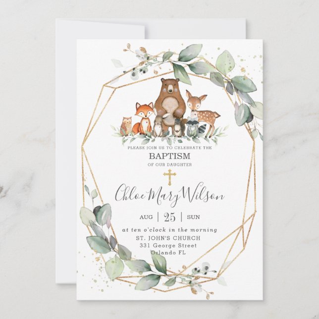 Invitación Moda Verdor Woodland Animales Baptism Christening (Anverso)