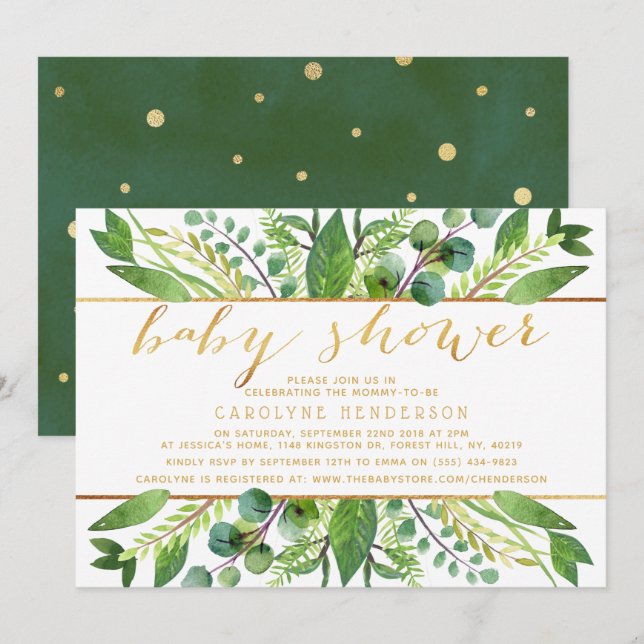 Invitación Moda Verdor y Relieve metalizado dorado Neutral Ba (Anverso / Reverso)