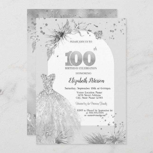 Invitación Moda Vestida Gris Invierno 100 cumpleaños (Anverso / Reverso)