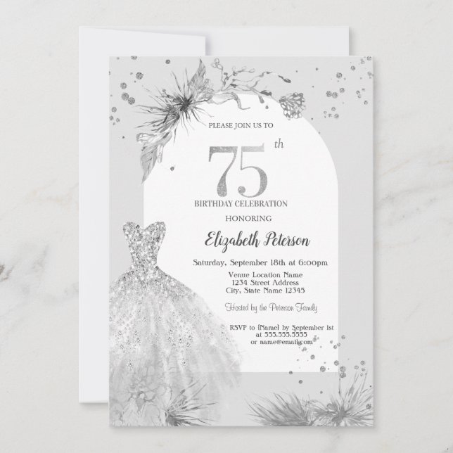 Invitación Moda Vestida Gris Invierno 75 cumpleaños (Anverso)