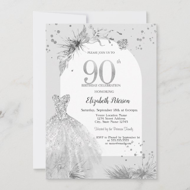 Invitación Moda Vestida Invierno Gris 90 cumpleaños (Anverso)