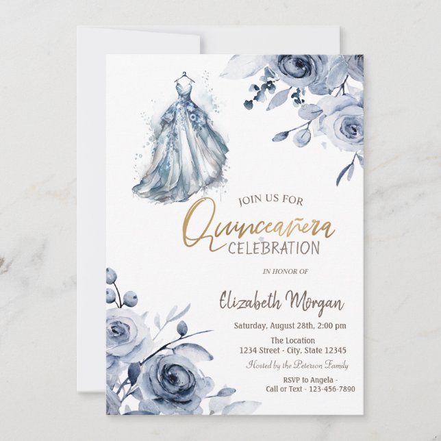 Invitación Moda Vestido Azul Rosas Quinceañera (Anverso)