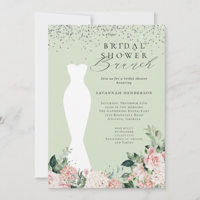 Invitación Moda Vestido de novia floral rosa Ducha de novia B (Anverso)