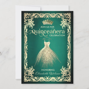 Invitación Moda vestido de oro de lujo verde tiara Quinceañer
