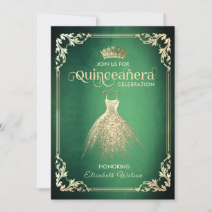 Invitación Moda vestido de oro de lujo verde tiara Quinceañer