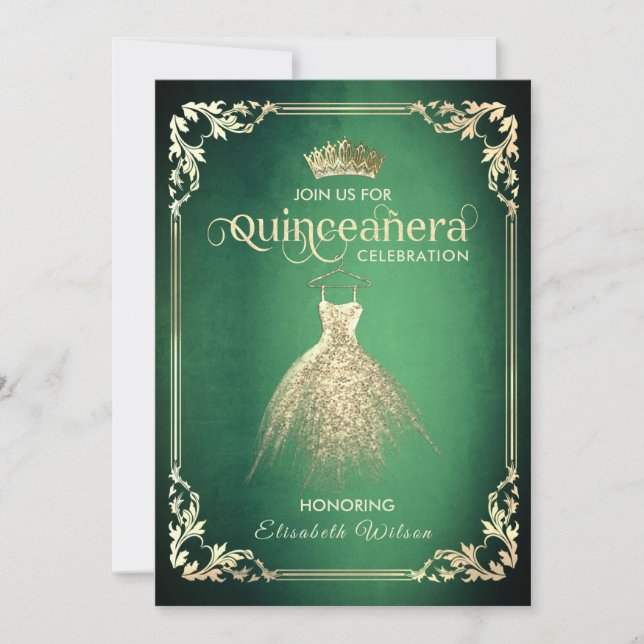 Invitación Moda vestido de oro de lujo verde tiara Quinceañer (Anverso)