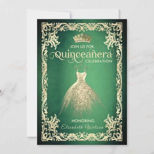 Invitación Moda vestido de oro de lujo verde tiara Quinceañer (Anverso)