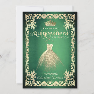 Invitación Moda vestido de oro de lujo verde tiara Quinceañer