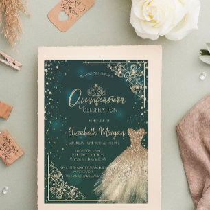 Invitación Moda Vestido de Oro Verde Tiara, Diamantes Quincea