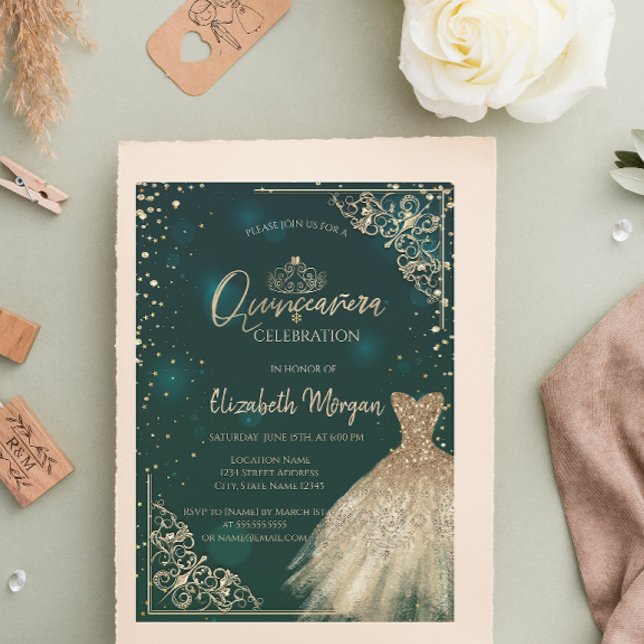 Invitación Moda Vestido de Oro Verde Tiara, Diamantes Quincea (Subido por el creador)