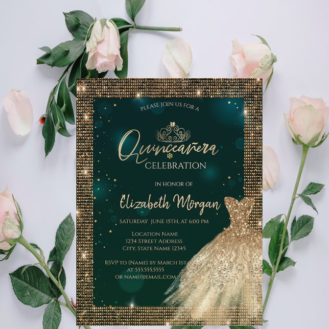 Invitación Moda Vestido de Oro Verde Tiara, Diamantes Quincea (Subido por el creador)