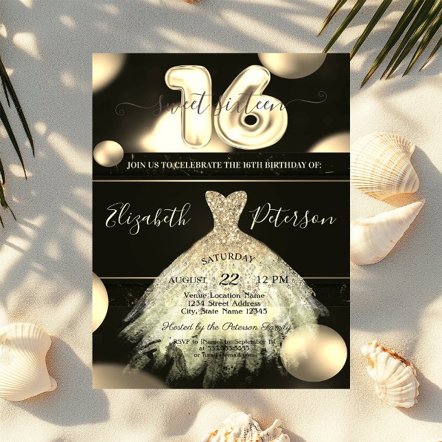 Invitación Moda Vestido dorado Confetti Dots Sweet 16 (Subido por el creador)