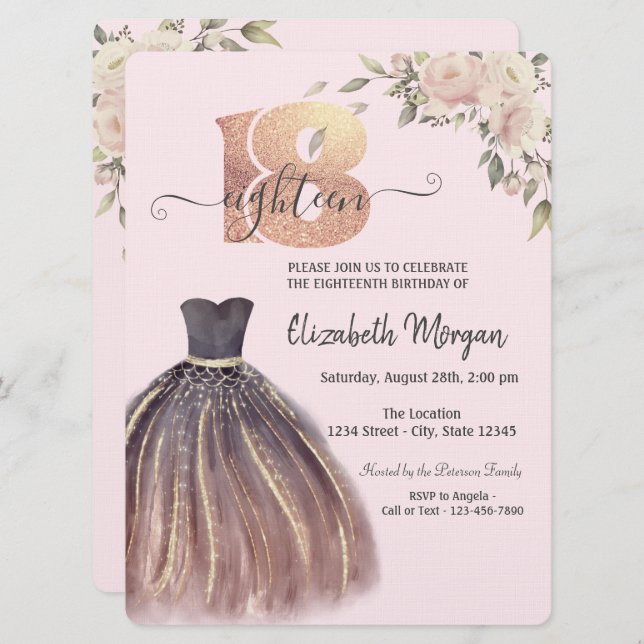 Invitación Moda Vestido Flores Rosa 18 cumpleaños (Anverso / Reverso)