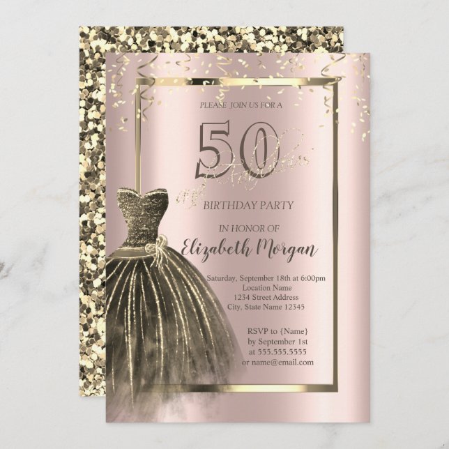 Invitación Moda Vestido Gold Secuins Rosa Oro 50 cumpleaños (Anverso / Reverso)