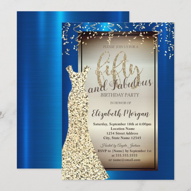 Invitación Moda Vestido Purpurina de oro, Confetti Royal Blue (Anverso / Reverso)
